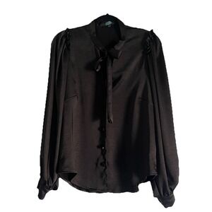 Eva Franco Josephine Blouse Size 6 Black Pussywillow Bow Balloon Sleeve‎